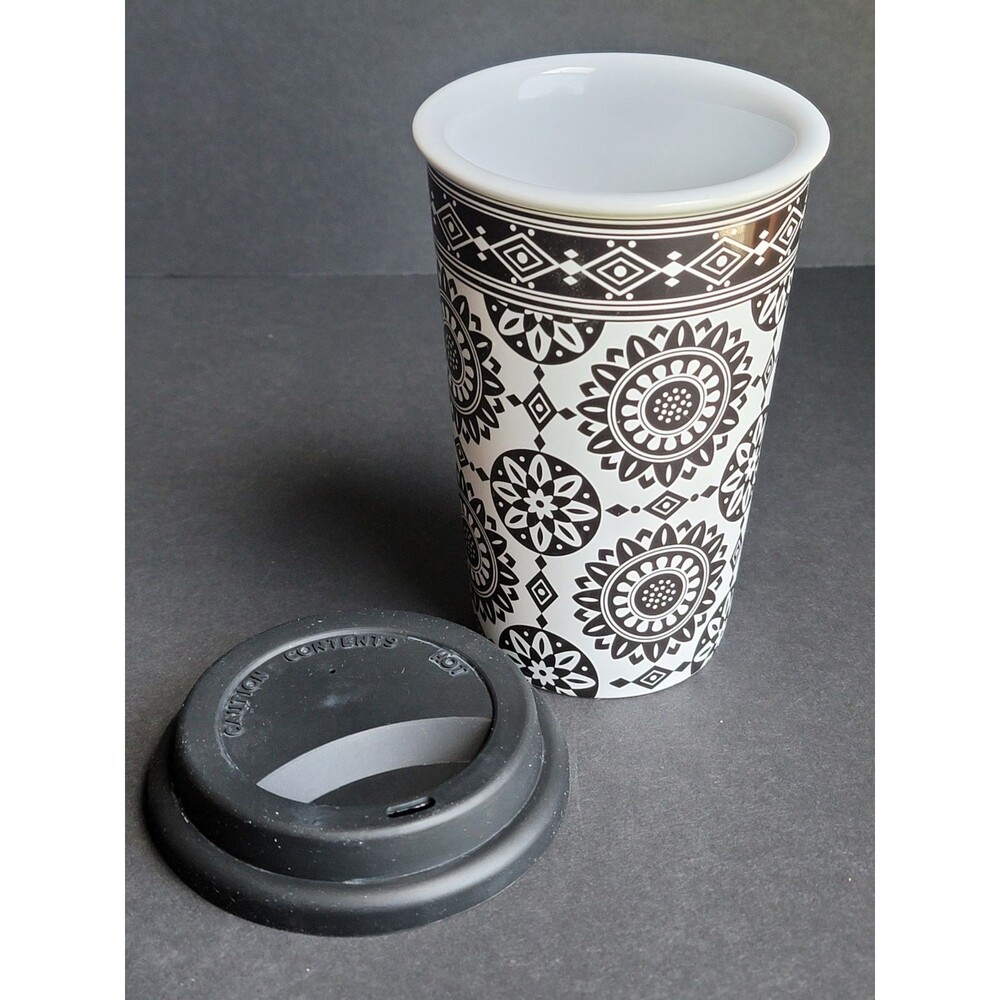 Longaberger Black Medallion Ceramic Travel Coffee Cup with Black Silicone Lid